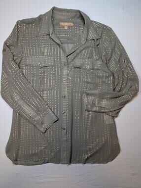 Ellen Tracy Sheer Olive Blouse Gold Metallic Dots Small Roll Tab Sleeves